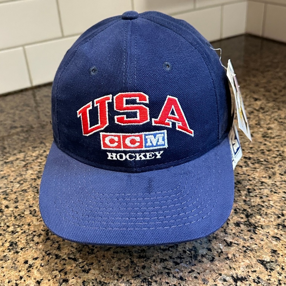 Vintage 90s USA Hockey CCM #1 Apparel Snapback Hat NWT Made in Canada blue